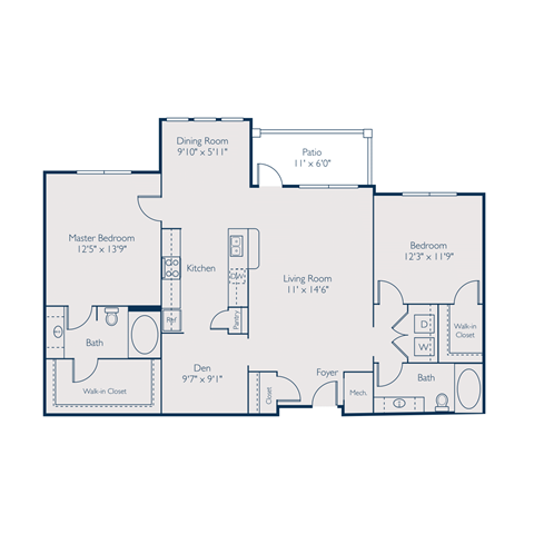 Floor plan for 2 beds, 2 baths, 1421 sqft